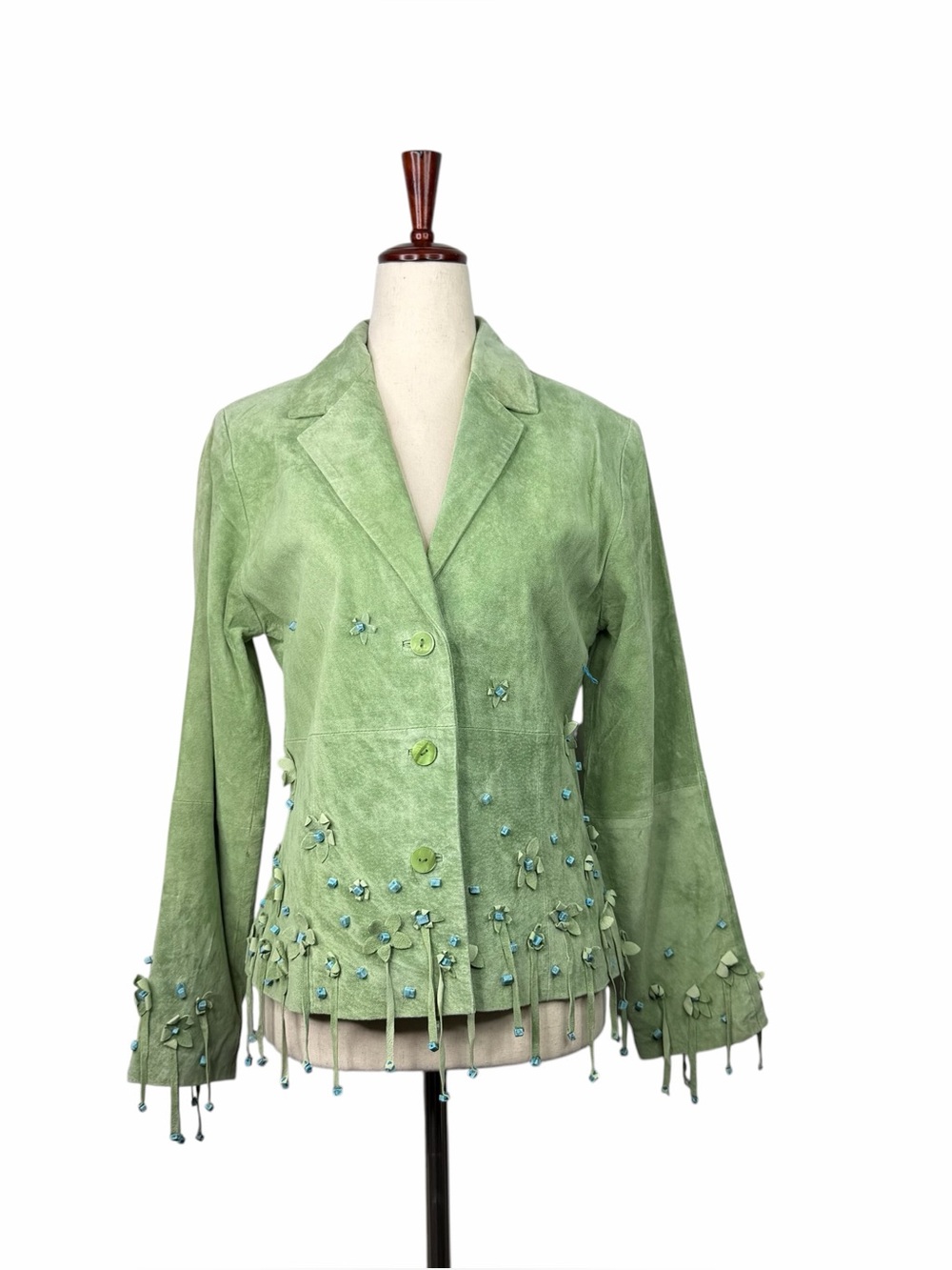 Victor Costa Green Suede Jacket Fringe Floral Beaded Boho Festival Y2K Whimsical